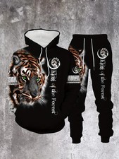 Men's Tiger Hoodie and Sweatpants Suit - Full Zip Hooded Sweatsuit with Kangaroo