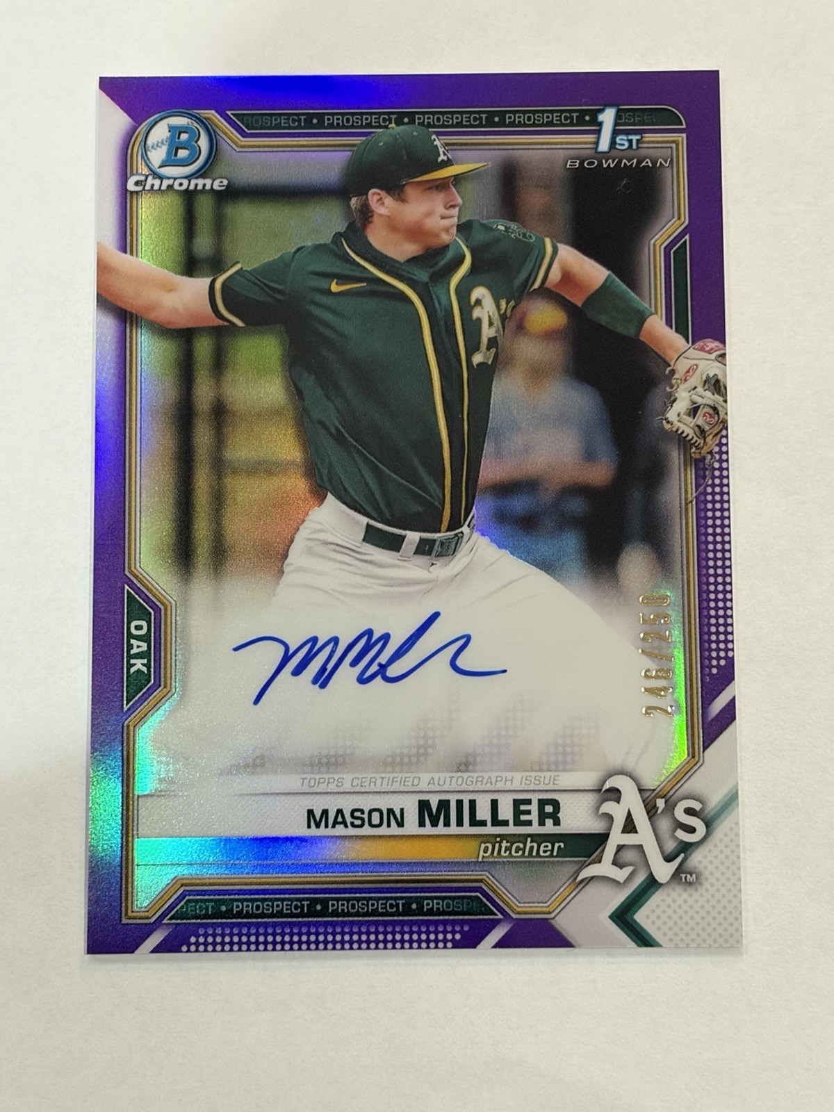 2021 Bowman Chrome 1st Mason Miller Auto /250 Purple Refractor CDA-MMIL