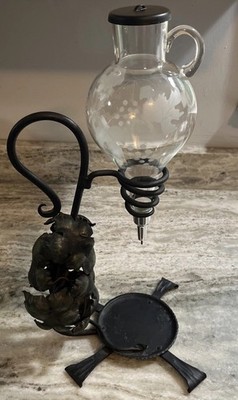 Antique Obersteiner Saltzburg Wrought Iron Etched Glass Wine Aerator Dispenser