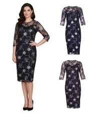 Women’s Lace Bodycon Midi Dress Floral Foil 3/4 Sleeve Party Evening