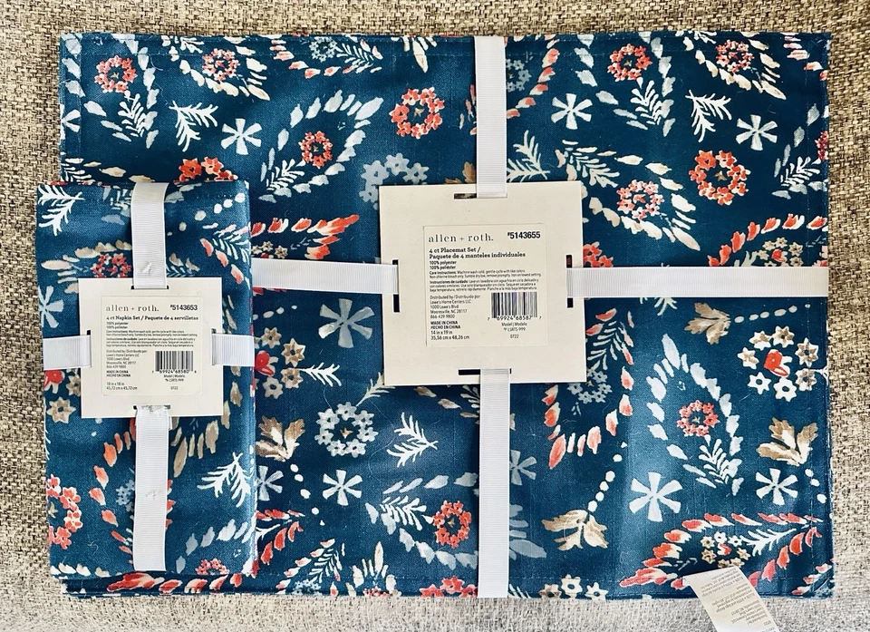 Allen + Roth Navy Blue Floral Table Linens Set (4pc Placemats & Napkins) - Image 2 of 2