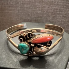 Vtg TAWA by KT Sterling & Gold Filled Turquoise Coral Cuff Bracelet Kee Tsosie