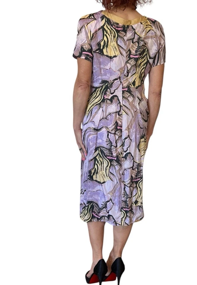 VESTIDO ALBERTA FERRETTI PÚRPURA SEDA ENVOLVENTE ESTAMPADO ABSTRACTO MANGA CORTA MIDI 10 Foto 4 de 4