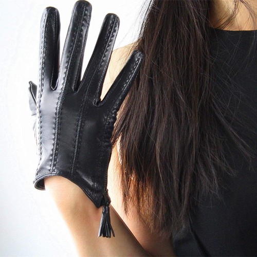 Short Black Touchscreen Real Leather Gloves, Imported Goatskin Leather Tassel... - Picture 2 of 7