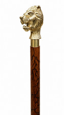Golden Lion Head Walking Cane Brass Wood Stick for Men Women Antique Style