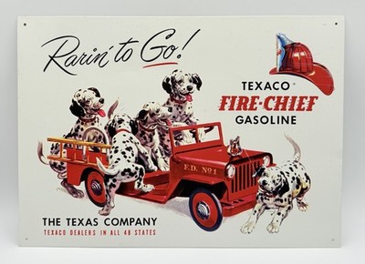 Vintage Texaco Fire Chief Gas Dalmation Puppy & Engine TinSign Rarin to Go 16x12