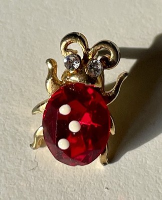 Vintage Ballou REG'D Ladybug Tie Tack Lapel Pin Red Rhinestone Jelly Belly