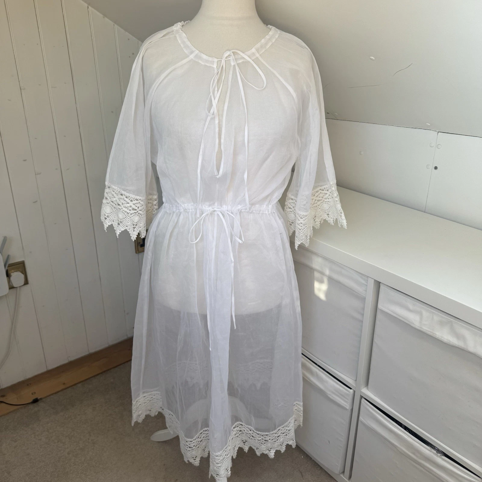 Abito Loewe Paula’s Ibiza taglia 38 S bianco organza macramè orlo copricostume *Leggi