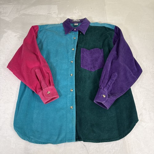 Vintage Contrasts Colorblock Corduroy Button Down Shirt Retro 90s Lg Charity