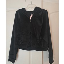 Victoria's Secret Black Velour Super Soft Cropped Hoodie Full Zip Jacket L NEW