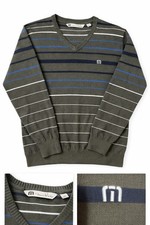 Travis Mathew Sweater Mens XL Gray Striped V Neck Golf Knit Ribbed Pullover