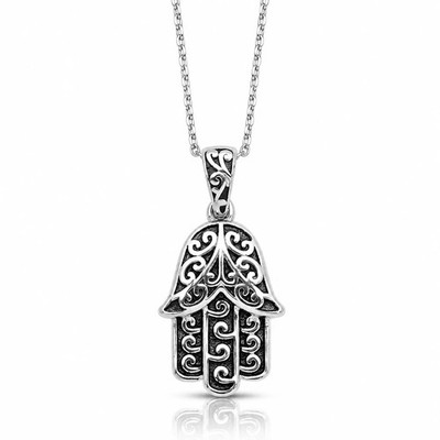 Sterling Silber RH-plattiert poliert/oxidiert filigran Hamsa 18 Zoll Halskette