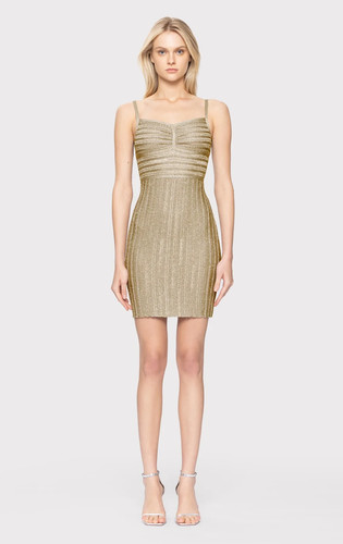 NWT $990 Herve Leger LUREX EYELASH SWEETHEART DRESS Metallic Gold Sz Large