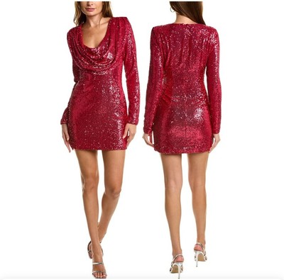 $598 Ronny Kobo Women's Red Tahne Sequin Draped Cowl Neck Mini Dress Size 8