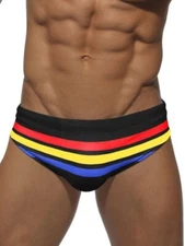 New Men's Sexy Black Color Strip Low Rise Bikini Style Swim Brief -Gay Interest