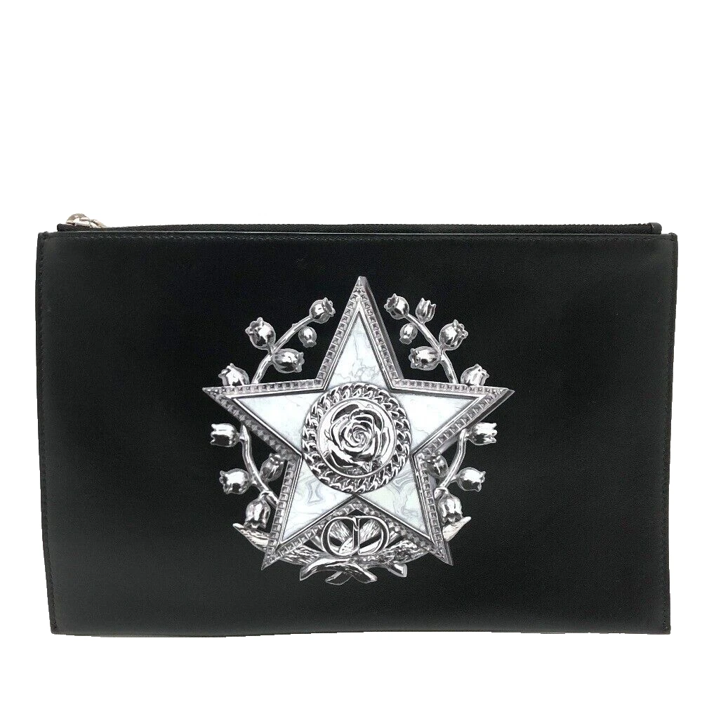 DIOR HOMME étoile rose cuir peint homme deuxième sac pochette noir argent