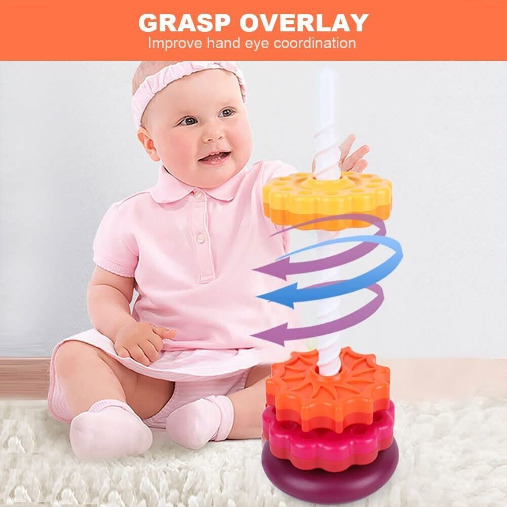 Infant Baby Rainbow Spinning Stacking Ring Toys Montessori Brain