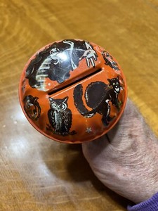 70 Year Old Tin Litho Halloween US Metal Toy Rattle Noisemaker Witches Owls Bats