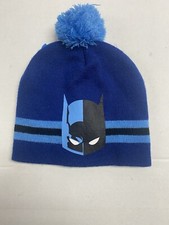 Batman Beanie Hat Pom OS Blue/Black Logo Youth Kids Size Small
