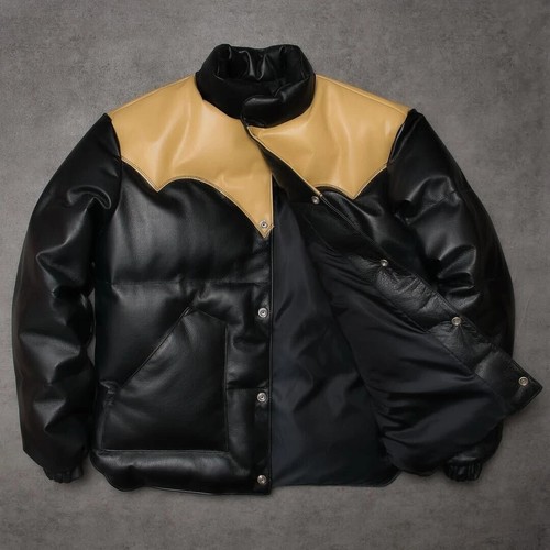 Men's Puffer Jacket Real Lambskin Leather Quilted Bomber Jacket - Dual Color - Picture 4 of 5