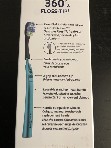 Colgate 360 Floss Tip Toothbrush - Metal Handle with 2 Brush Heads (NEW) - Picture 6 of 8