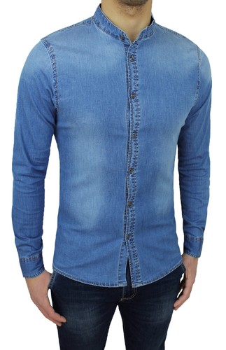 CAMICIA DI JEANS UOMO SLIM FIT ADERENTE DENIM CHIARA CON COLLETTO COREANA |  eBay