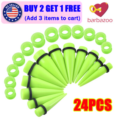 24PCS BIG SIZE EAR STRETCHING KIT ACRTLIC GREEN TAPER PLUGS SILICONE TUNNEL SET
