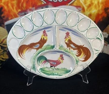 Deviled Egg Platter Divided Dish Vtg Painted Roosters Italy 15” W Fridgescaping