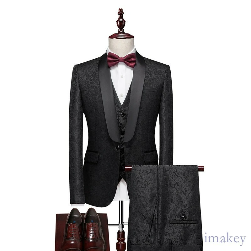 Para hombres Vestido de Novia 3 PIEZAS Traje Calce Ajustado Estampado Floral Un Botón Blazer Esmoquin Foto 3 de 4