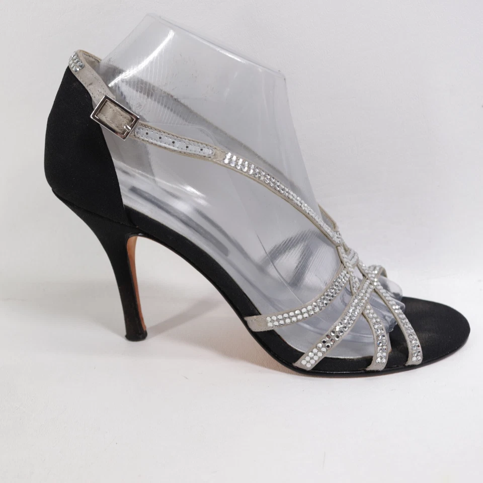 Sandalias de Tacón de Aguja Beverly Feldman De Colección 8.5 Negras Sat Estrás Formales Elegantes Foto 2 de 4