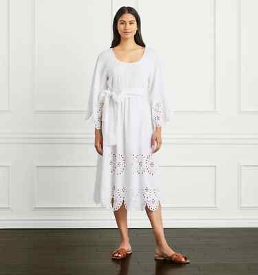 $195 NEW Hill House The Cora Dress White LINEN Cotton Belt EYELET Scalloped  M | eBay