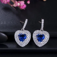 Blue CZ Romantic Lover Heart 925 Silver Dangle Earrings for Women Party Jewelry