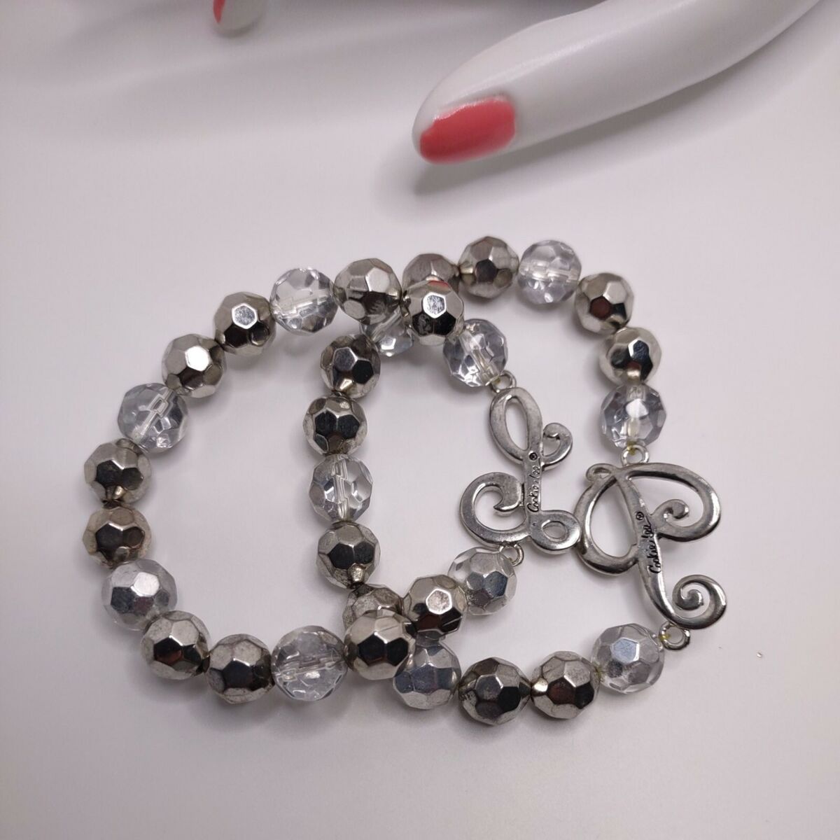 COOKIE LEE 2 Stretch Bracelet Letters P & L Gray Clear Glass Beads.  4505
