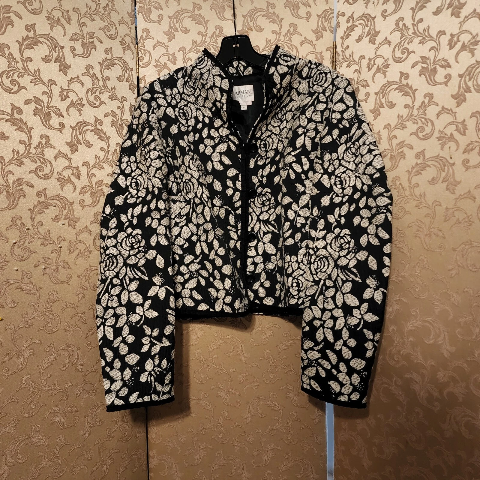 OFF WHITE Blazer Armani Collezioni bianco nero scuro rose floreali taglia 10