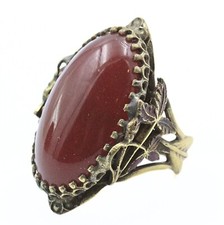 Antique Art Nouveau Czech Cranberry Glass Cabochon Brass Ring Sz 5