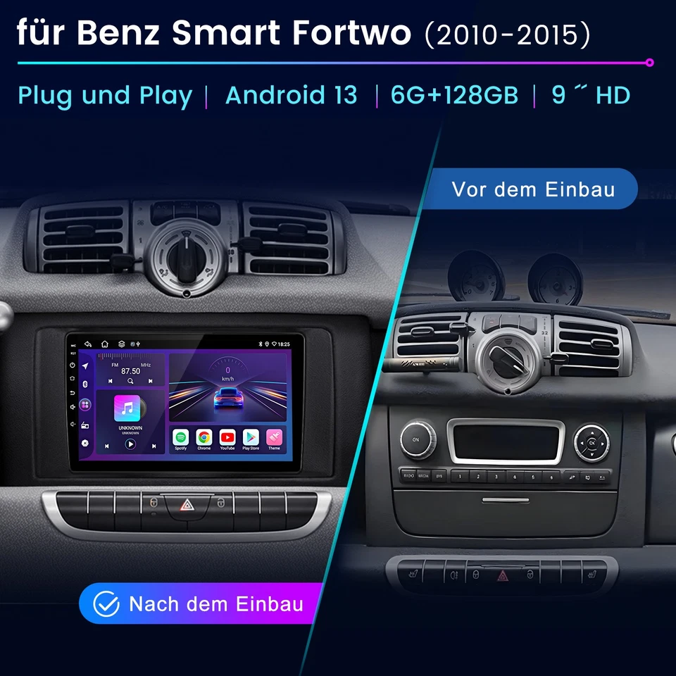 128GB Android 14 Carplay Autoradio Navi GPS Für Smart Fortwo 451 2011-2015 SWC - Bild 2 von 4