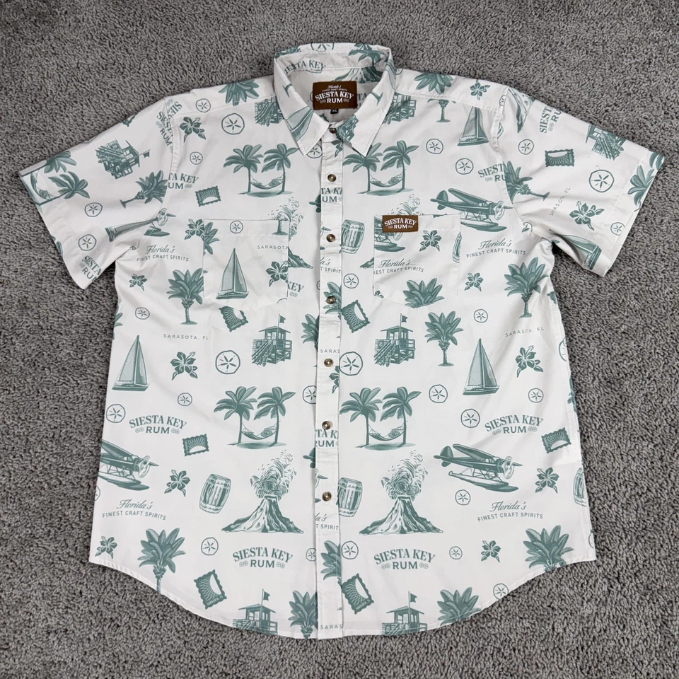 Siesta Key Rum Shirt Mens XL White Green Hawaiian Button Front Tropical Florida - Image 2 of 4