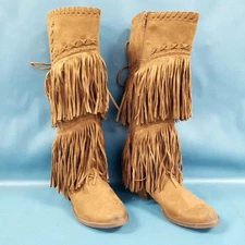 Not Rated Brown Faux Leather Fringe Tall Zip Up Boots Sz 7.5