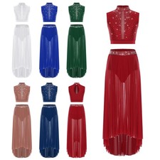 Women Lyrical Dance Outfit Crop Top Elastic Waistband Side Slit High-Low Skirts