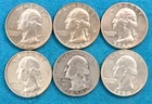 6 Washington Silver Quarters 90% Silver Pre-1965 Mixed Dates (1964, 1963, 1950)