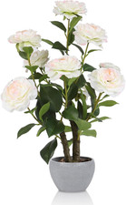 Artificial Camellia Potted Plant with Stone Pot, 20.5" Tall Fake Potted Flowers