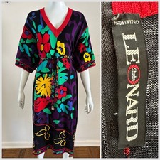 1980s Leonard Studio Italy Floral Pop Art Signature Dress Cotton Jersey Knit VTG