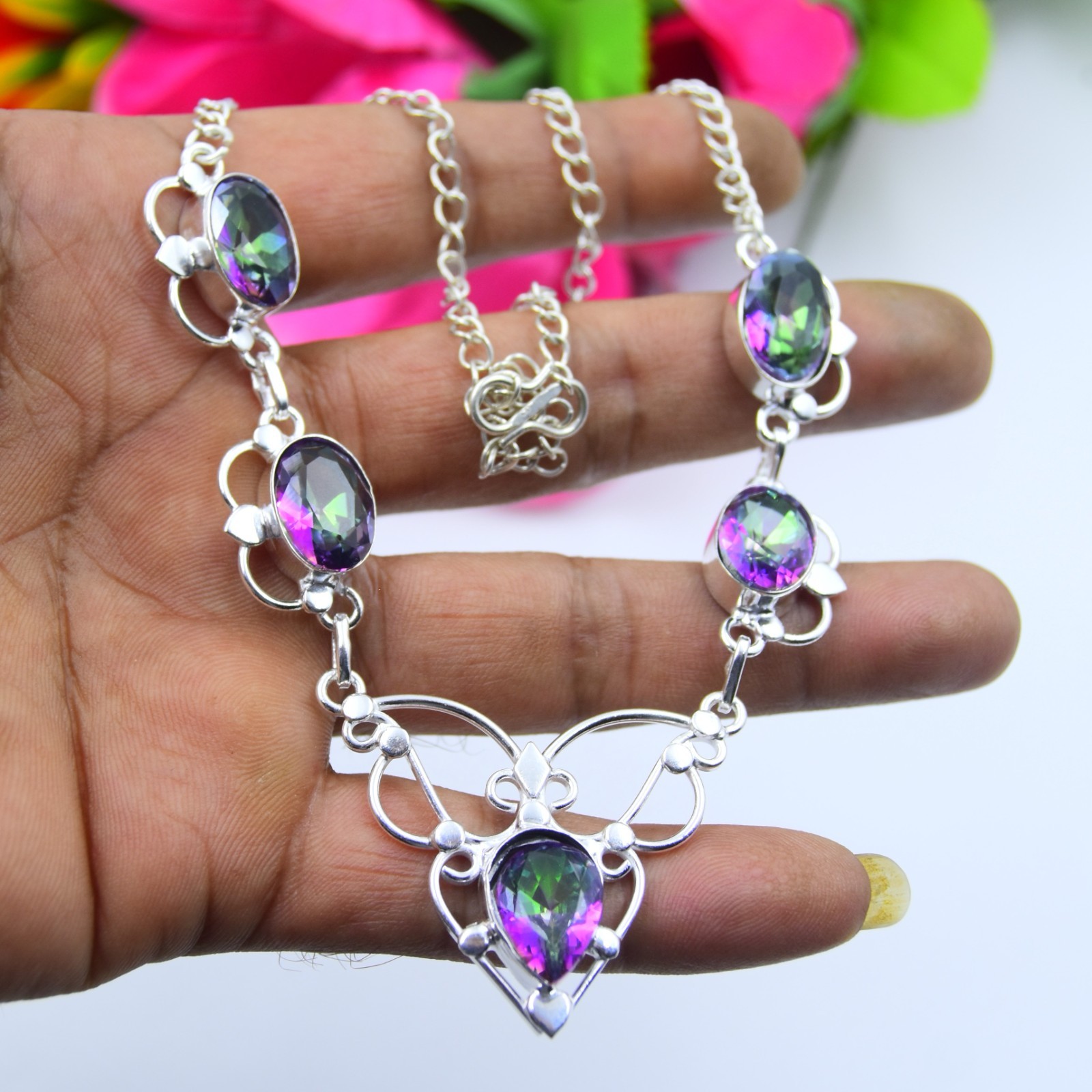 Mystic Topaz Gemstone Handmade 925 Sterling Silver Jewelry Necklace Sz-17-18
