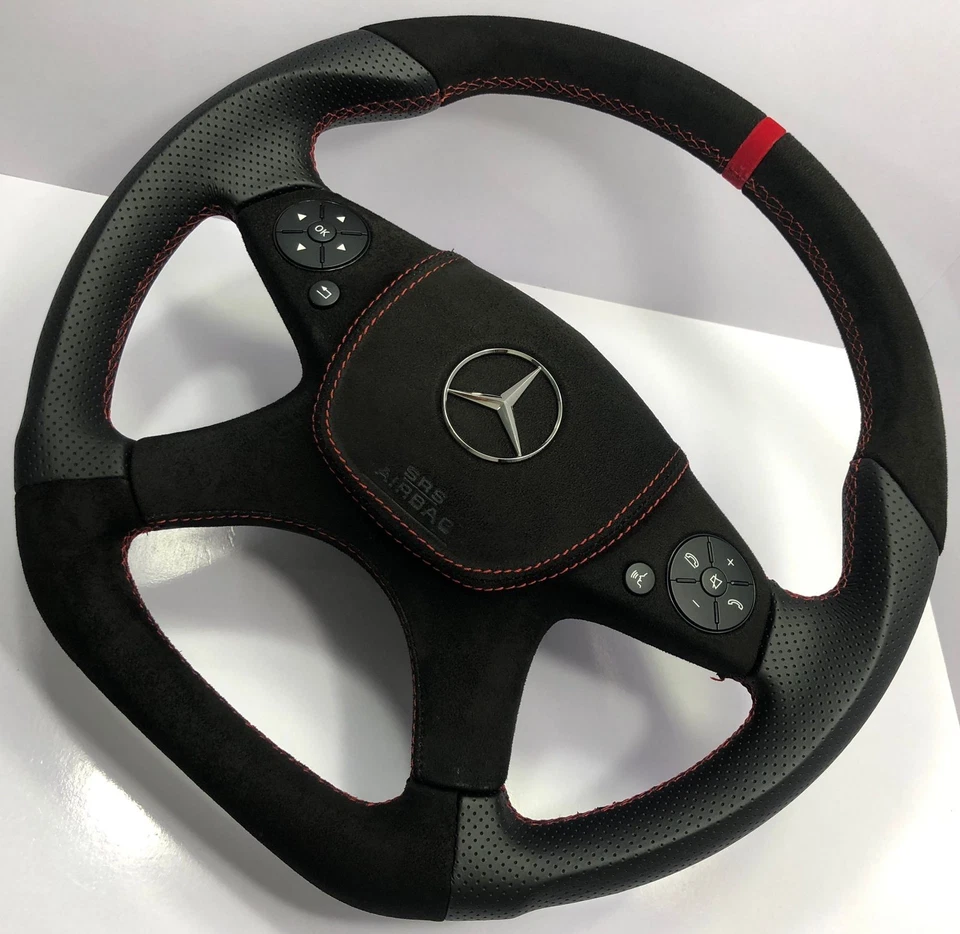 Rueda inferior plana Mercedes AMG Alcantara + cuero puntada roja W204 W207 W212 Foto 2 de 4