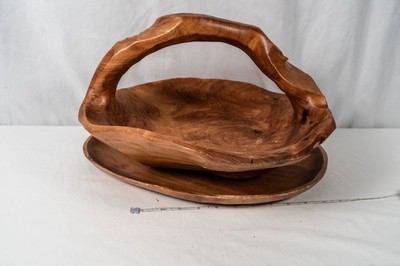 Hand Carved Root Wood Basket & Matching Tray Set - Rustic Live Edge Decor