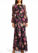 NWT Eliza J Floral Metallic Long Sleeve Maxi Dress Black Pink Purple Sz 4
