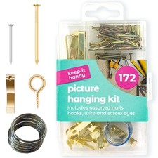 172pk Picture Hanging Set Frame Hanging Hardware Nails Screw Eyes Hooks Wire Kit
