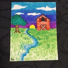 Signed Hand-Drawn Landscape Drawing Barn Tree Sunset Original Art