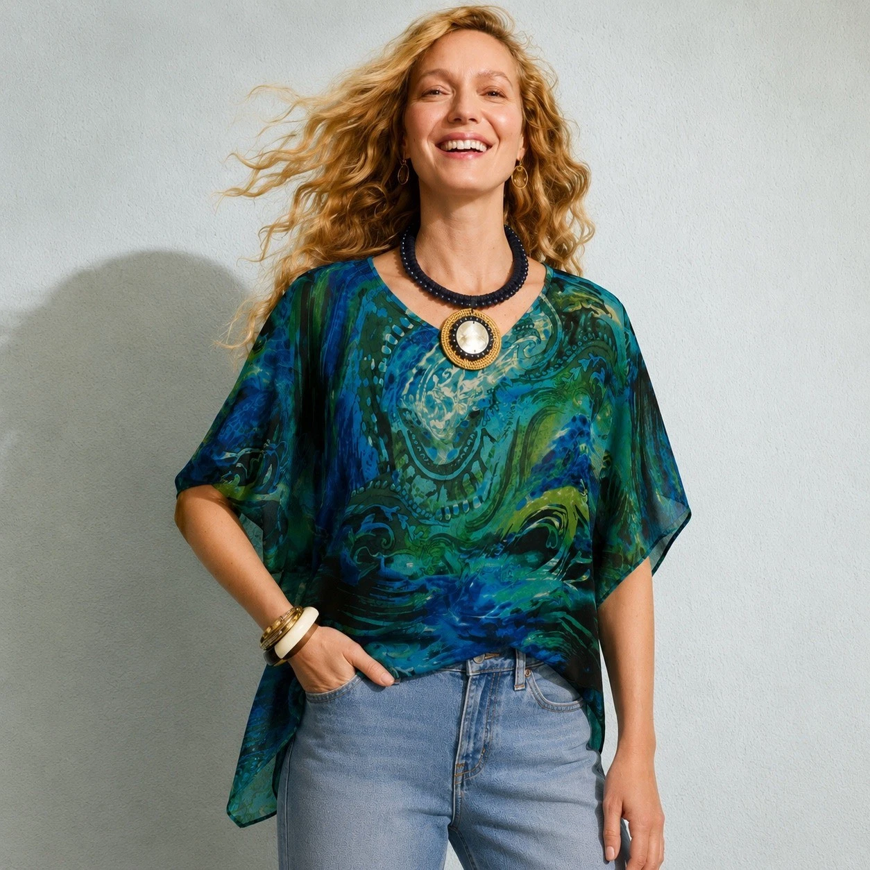 Chico's Silk Abstract Paisley Poncho Top Womens Size M/L Blue Green Sheer Resort
Opens in a new wind