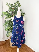 Old Navy Blue Floral Swing Dress XS Sleeveless Rayon Boho Keyhole Back